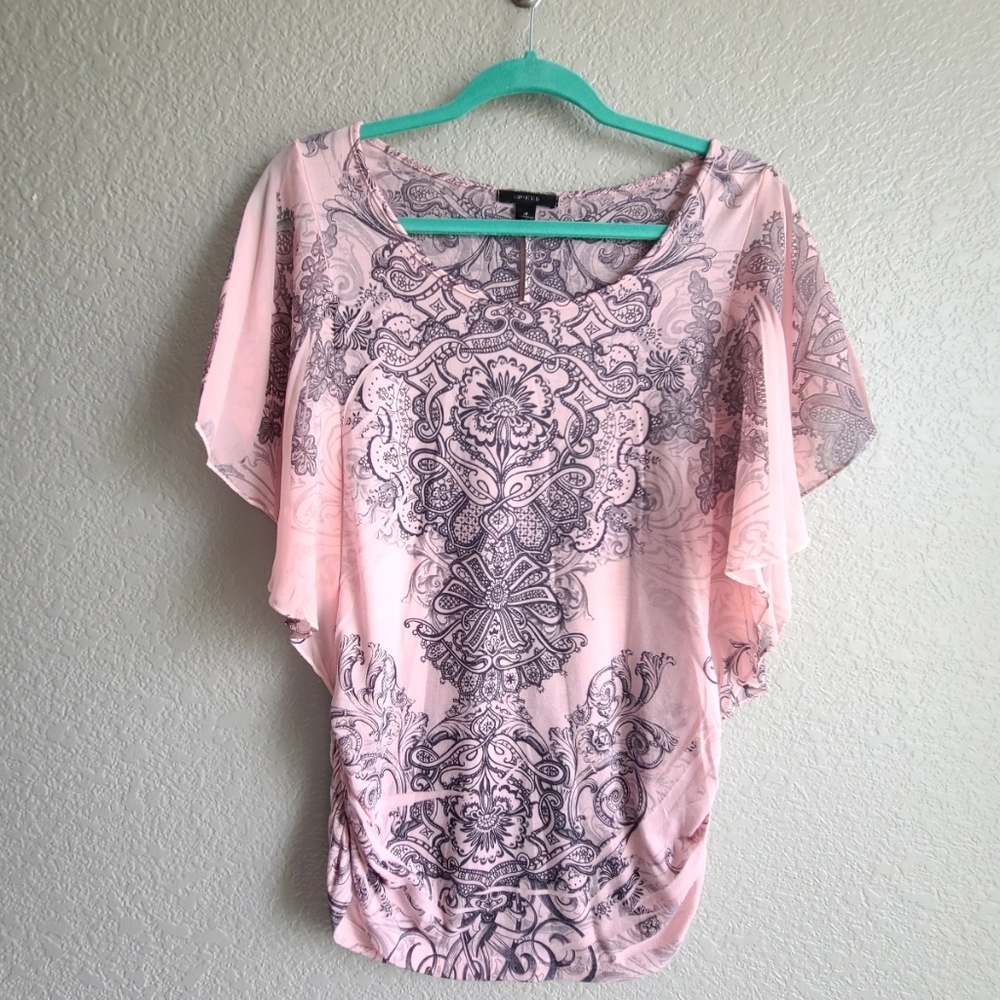Espresso butterfly sheer sleeve blouse, gathered side, pink with gray design, md